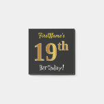 [ Thumbnail: Black, Faux Gold 19th Birthday, With Custom Name Notes ]