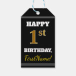 [ Thumbnail: Black, Faux Gold 1st Birthday + Custom Name Gift Tags ]