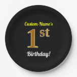 [ Thumbnail: Black, Faux Gold 1st Birthday + Custom Name Paper Plates ]