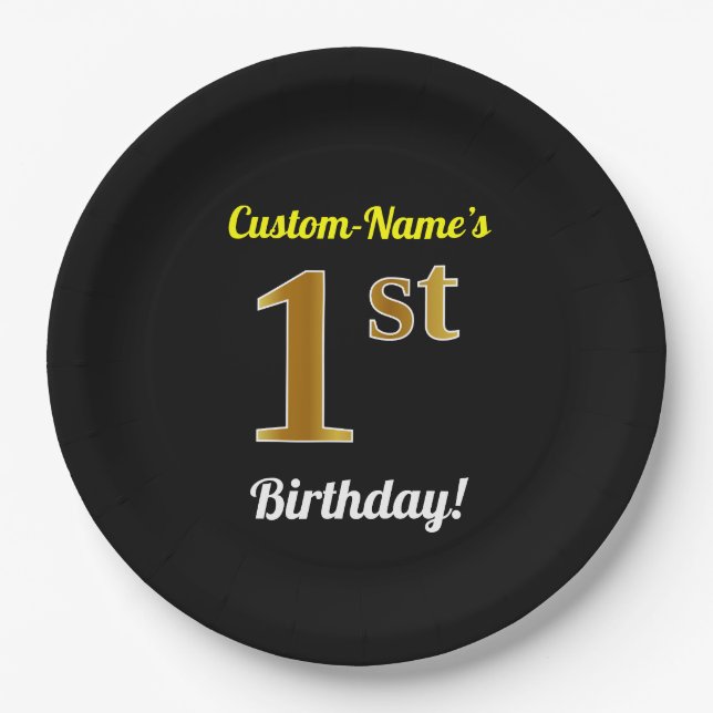 Black, Faux Gold 1st Birthday + Custom Name Paper Plates (Front)