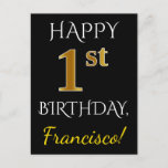[ Thumbnail: Black, Faux Gold 1st Birthday + Custom Name Postcard ]