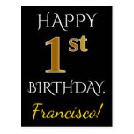 [ Thumbnail: Black, Faux Gold 1st Birthday + Custom Name Postcard ]