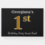 [ Thumbnail: Black, Faux Gold 1st Birthday Party + Custom Name Guest Book ]