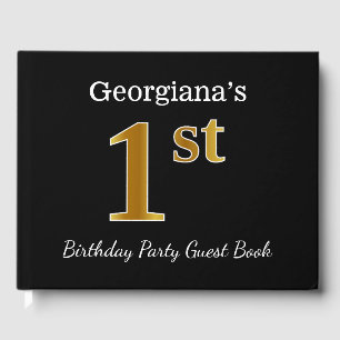 Black, Faux Gold 1st Birthday Party + Custom Name Guest Book