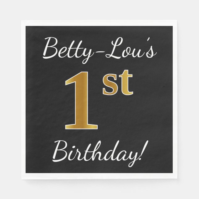 Black, Faux Gold 1st Birthday Party + Custom Name Napkins (Front)