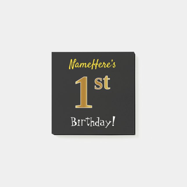 Black, Faux Gold 1st Birthday, With Custom Name Post-it Notes (Front)