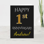 [ Thumbnail: Black, Faux Gold 1st Wedding Anniversary + Card ]