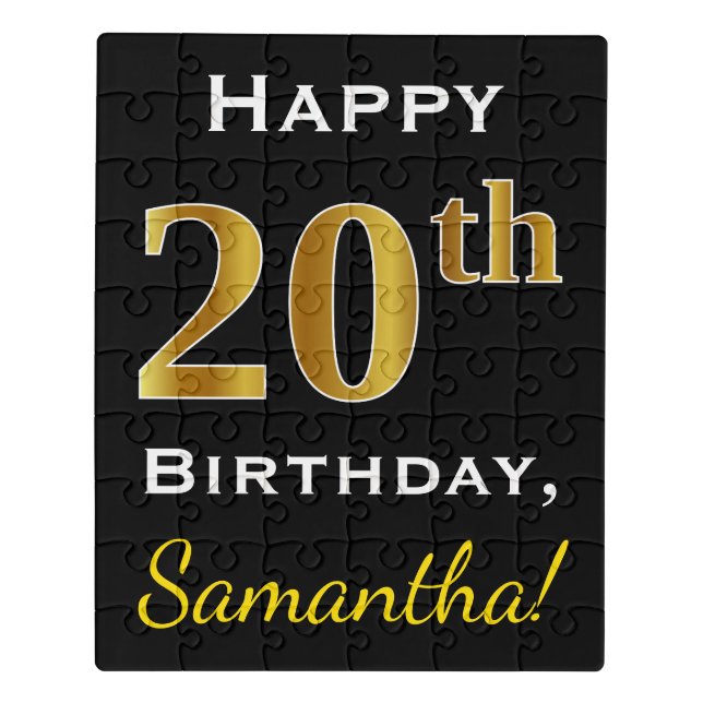 Black, Faux Gold 20th Birthday + Custom Name Jigsaw Puzzle (Puzzle Vertical)