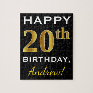 Black, Faux Gold 20th Birthday + Custom Name Jigsaw Puzzle