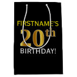 [ Thumbnail: Black, Faux Gold 20th Birthday + Custom Name Gift Bag ]