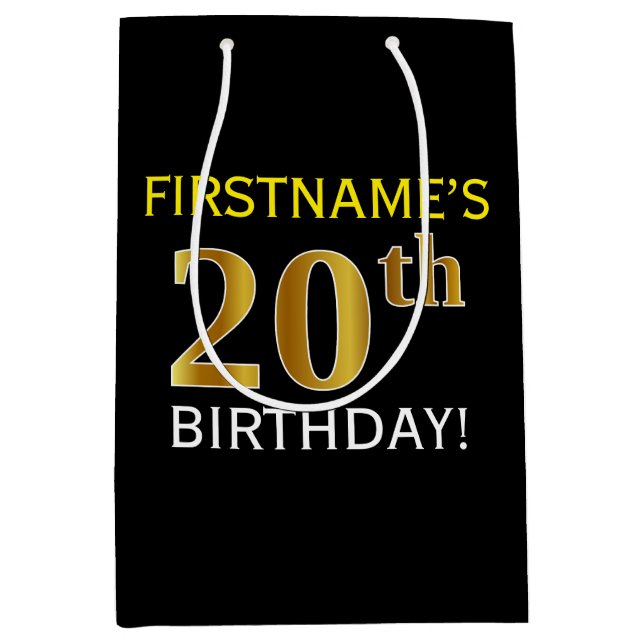 Black, Faux Gold 20th Birthday + Custom Name Medium Gift Bag (Front)