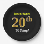 [ Thumbnail: Black, Faux Gold 20th Birthday + Custom Name Paper Plates ]