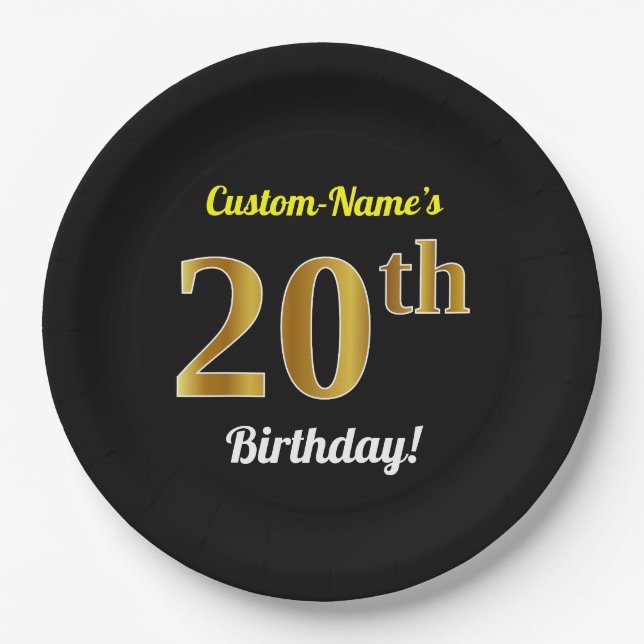Black, Faux Gold 20th Birthday + Custom Name Paper Plates (Front)