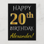 [ Thumbnail: Black, Faux Gold 20th Birthday + Custom Name Postcard ]