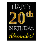 [ Thumbnail: Black, Faux Gold 20th Birthday + Custom Name Postcard ]