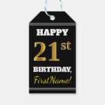 [ Thumbnail: Black, Faux Gold 21st Birthday + Custom Name Gift Tags ]