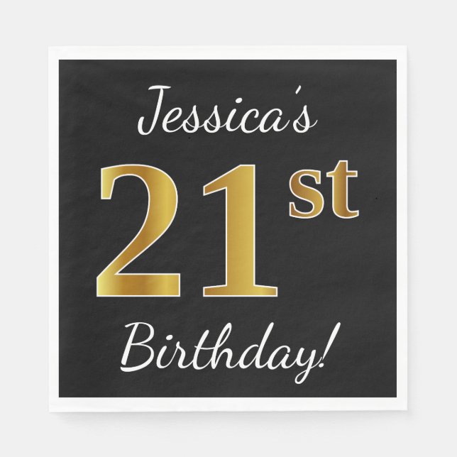 Black, Faux Gold 21st Birthday + Custom Name Napkins (Front)
