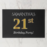 [ Thumbnail: Black, Faux Gold 21st Birthday + Custom Name Paper Placemat ]