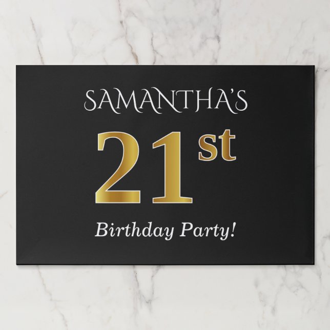 Black, Faux Gold 21st Birthday + Custom Name Paper Placemat (Front)
