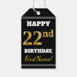 [ Thumbnail: Black, Faux Gold 22nd Birthday + Custom Name Gift Tags ]
