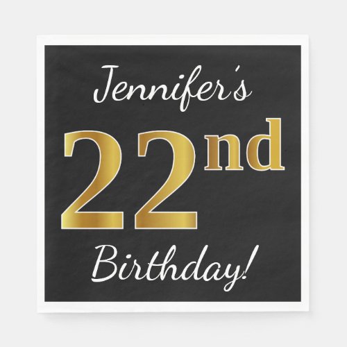 Black Faux Gold 22nd Birthday  Custom Name Napkins