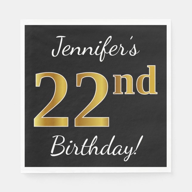 Black, Faux Gold 22nd Birthday + Custom Name Napkins (Front)