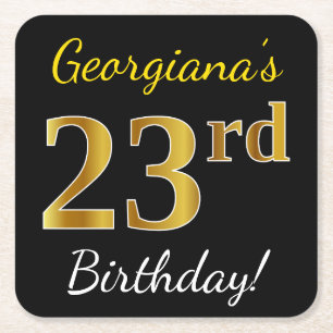 Black, Faux Gold 23rd Birthday + Custom Name Square Paper Coaster