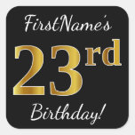 [ Thumbnail: Black, Faux Gold 23rd Birthday + Custom Name Sticker ]