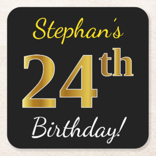 Black, Faux Gold 24th Birthday + Custom Name Square Paper Coaster