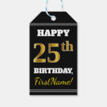 [ Thumbnail: Black, Faux Gold 25th Birthday + Custom Name Gift Tags ]