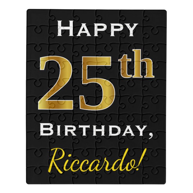 Black, Faux Gold 25th Birthday + Custom Name Jigsaw Puzzle (Puzzle Vertical)