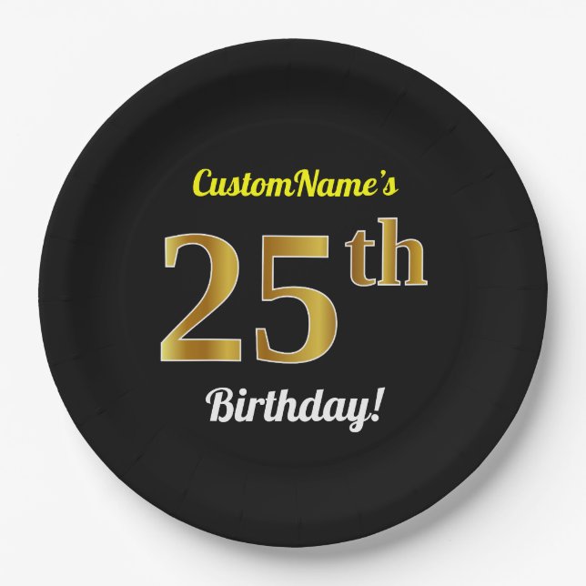 Black, Faux Gold 25th Birthday + Custom Name Paper Plates (Front)