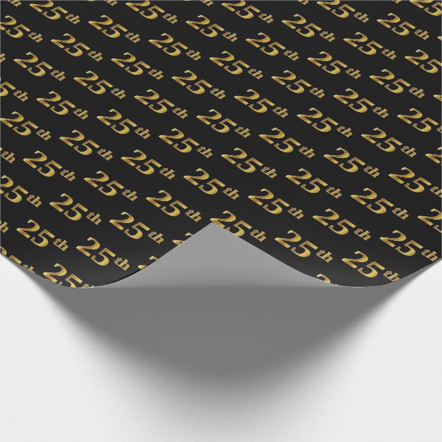 Black, Faux Gold 25th (Twenty-Fifth) Event Wrapping Paper (Corner)