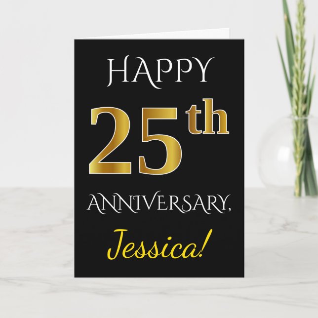 Black, Faux Gold 25th Wedding Anniversary + Name Card (Front)