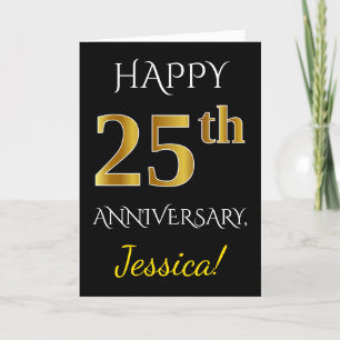Black, Faux Gold 25th Wedding Anniversary + Name Card
