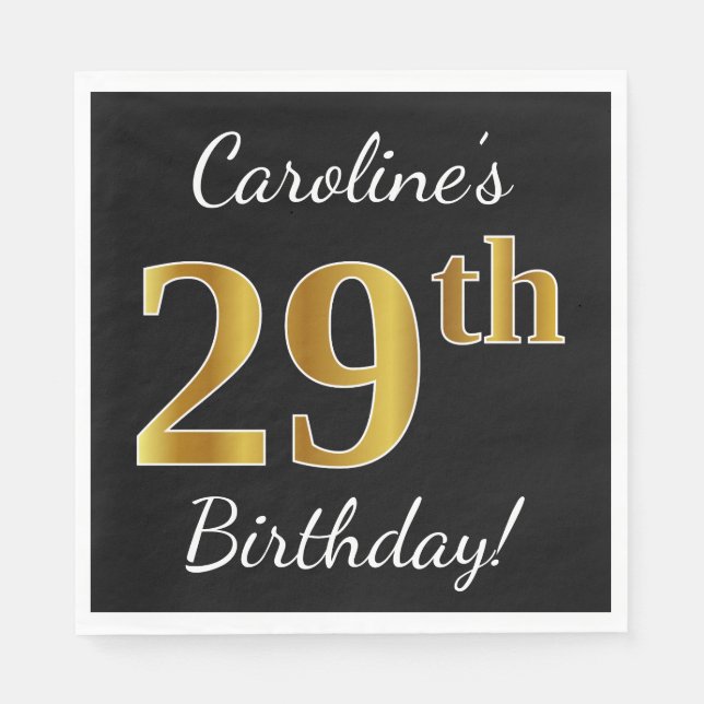 Black, Faux Gold 29th Birthday + Custom Name Napkins (Front)