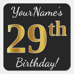 Black, Faux Gold 29th Birthday + Custom Name Square Sticker