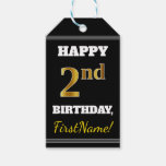 [ Thumbnail: Black, Faux Gold 2nd Birthday + Custom Name Gift Tags ]