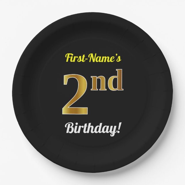Black, Faux Gold 2nd Birthday + Custom Name Paper Plates (Front)
