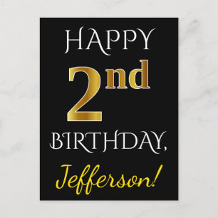 Black, Faux Gold 2nd Birthday + Custom Name Postcard