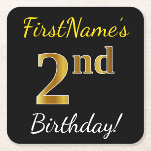 Black, Faux Gold 2nd Birthday + Custom Name Square Paper Coaster