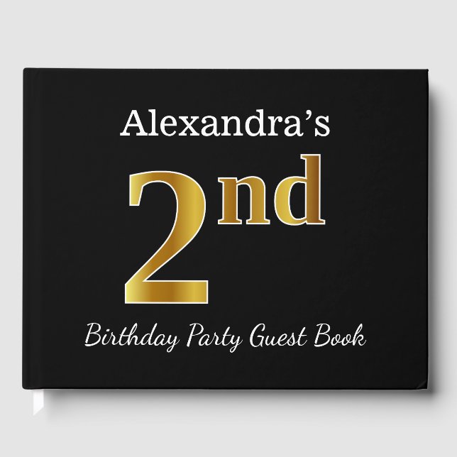 Black, Faux Gold 2nd Birthday Party + Custom Name Guest Book (Front)