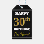 [ Thumbnail: Black, Faux Gold 30th Birthday + Custom Name Gift Tags ]