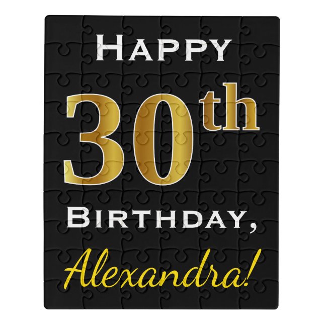 Black, Faux Gold 30th Birthday + Custom Name Jigsaw Puzzle (Puzzle Vertical)