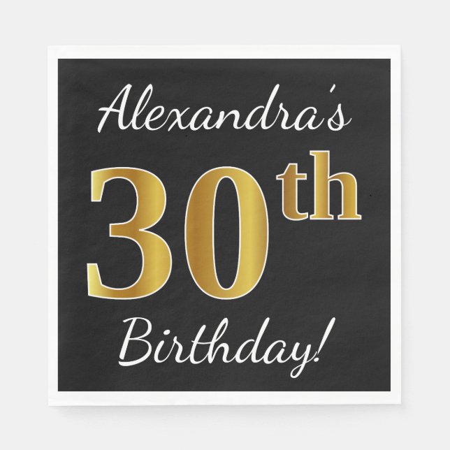 Black, Faux Gold 30th Birthday + Custom Name Paper Napkins (Front)