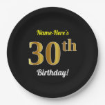 [ Thumbnail: Black, Faux Gold 30th Birthday + Custom Name Paper Plates ]