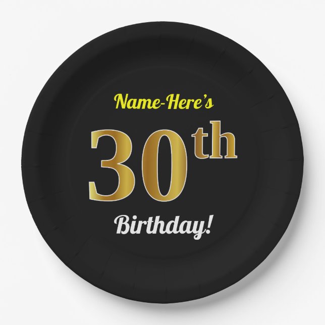 Black, Faux Gold 30th Birthday + Custom Name Paper Plates (Front)