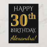 [ Thumbnail: Black, Faux Gold 30th Birthday + Custom Name Postcard ]