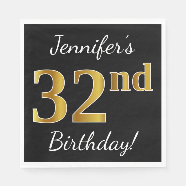 Black, Faux Gold 32nd Birthday + Custom Name Napkins (Front)