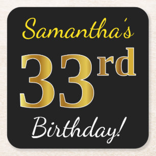 Black, Faux Gold 33rd Birthday + Custom Name Square Paper Coaster